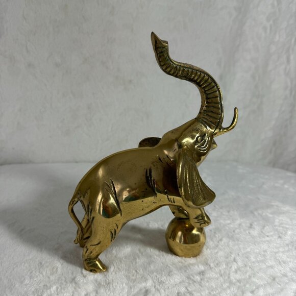 Vintage Brass Elephant Statue With Raised Trunk & Ball contemporary home design - Picture 3 of 8